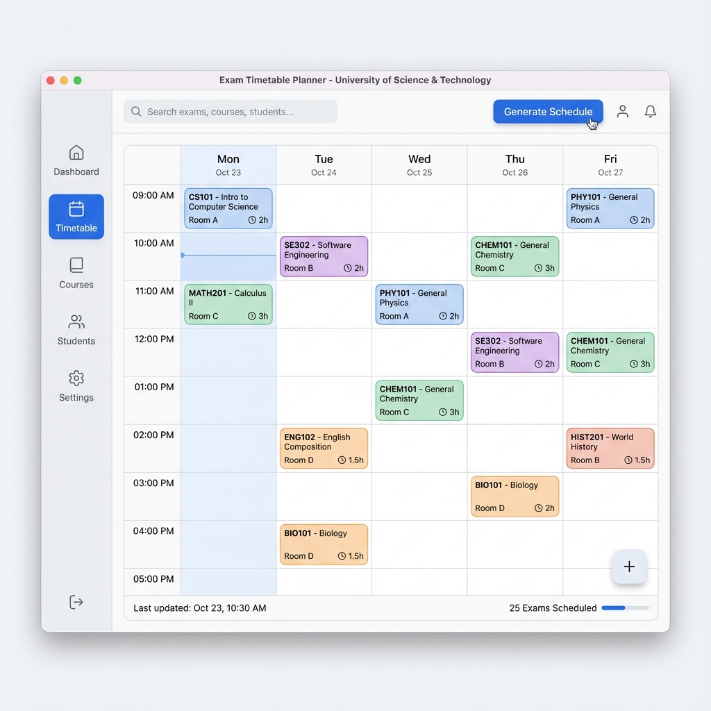 Main Dashboard showing analytics and timetable overview