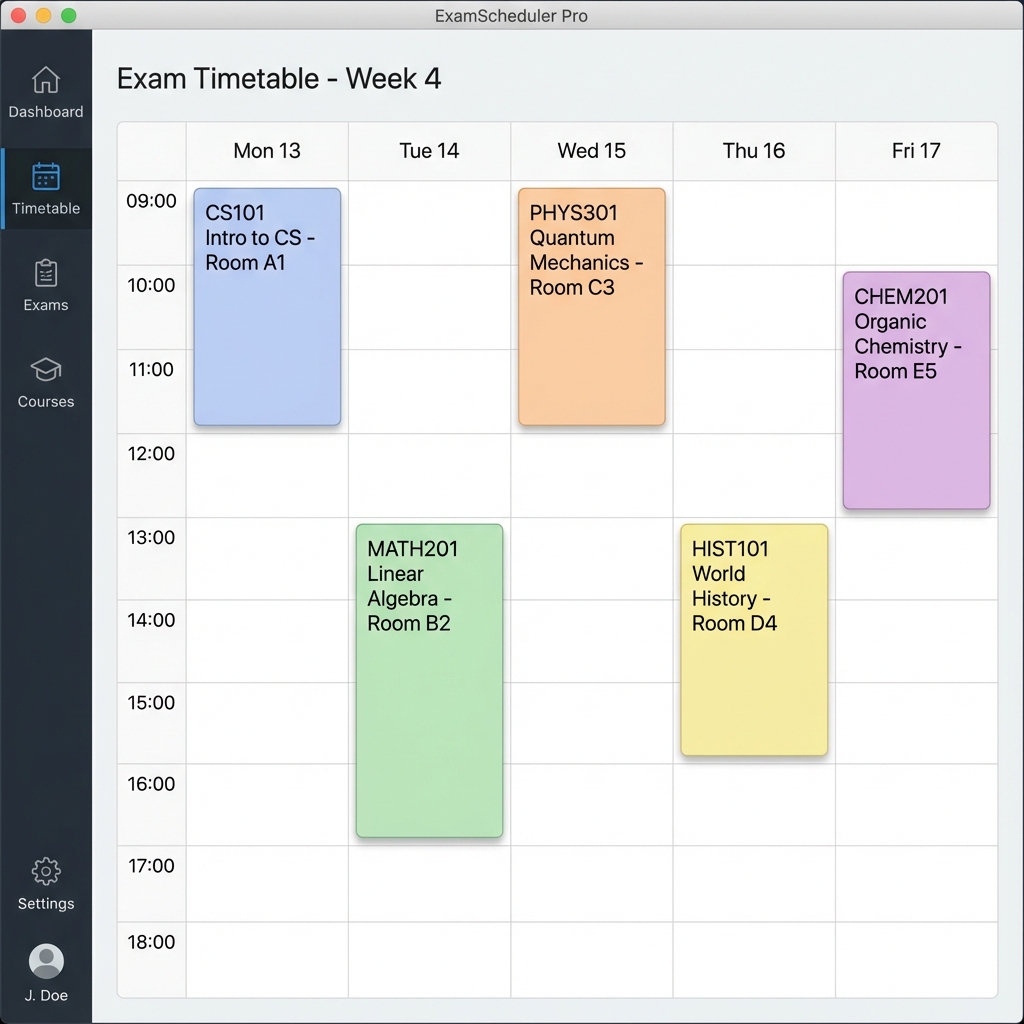 Interactive Timetable Grid showing exam schedule
